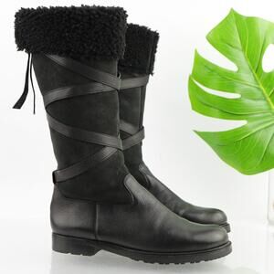 Via Spiga Womens Boot Size 7 Tall Black Leather Sheepskin Sherpa Lug Sole Bootie